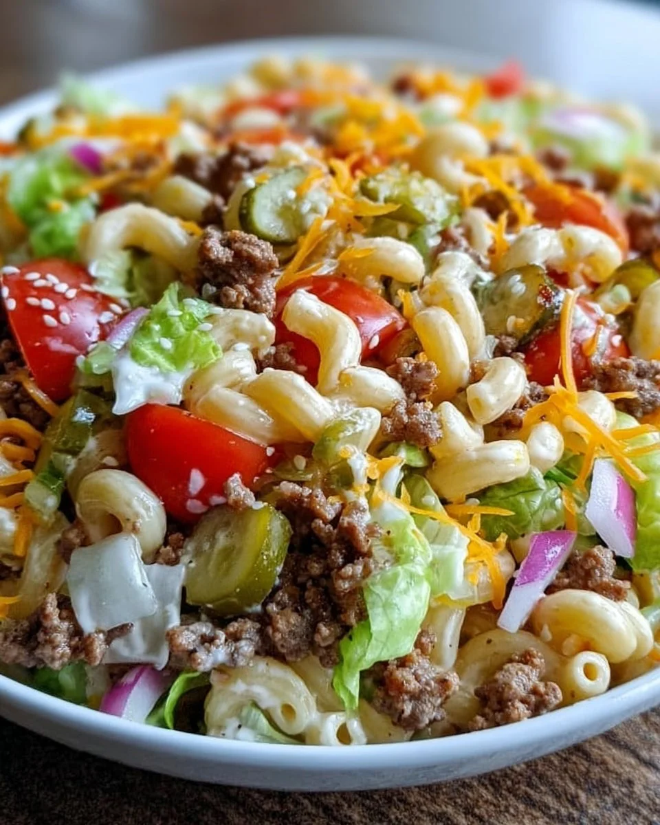 Big Mac Nudelsalat im Mittelpunkt, dekorativ angerichtet auf einem Teller.