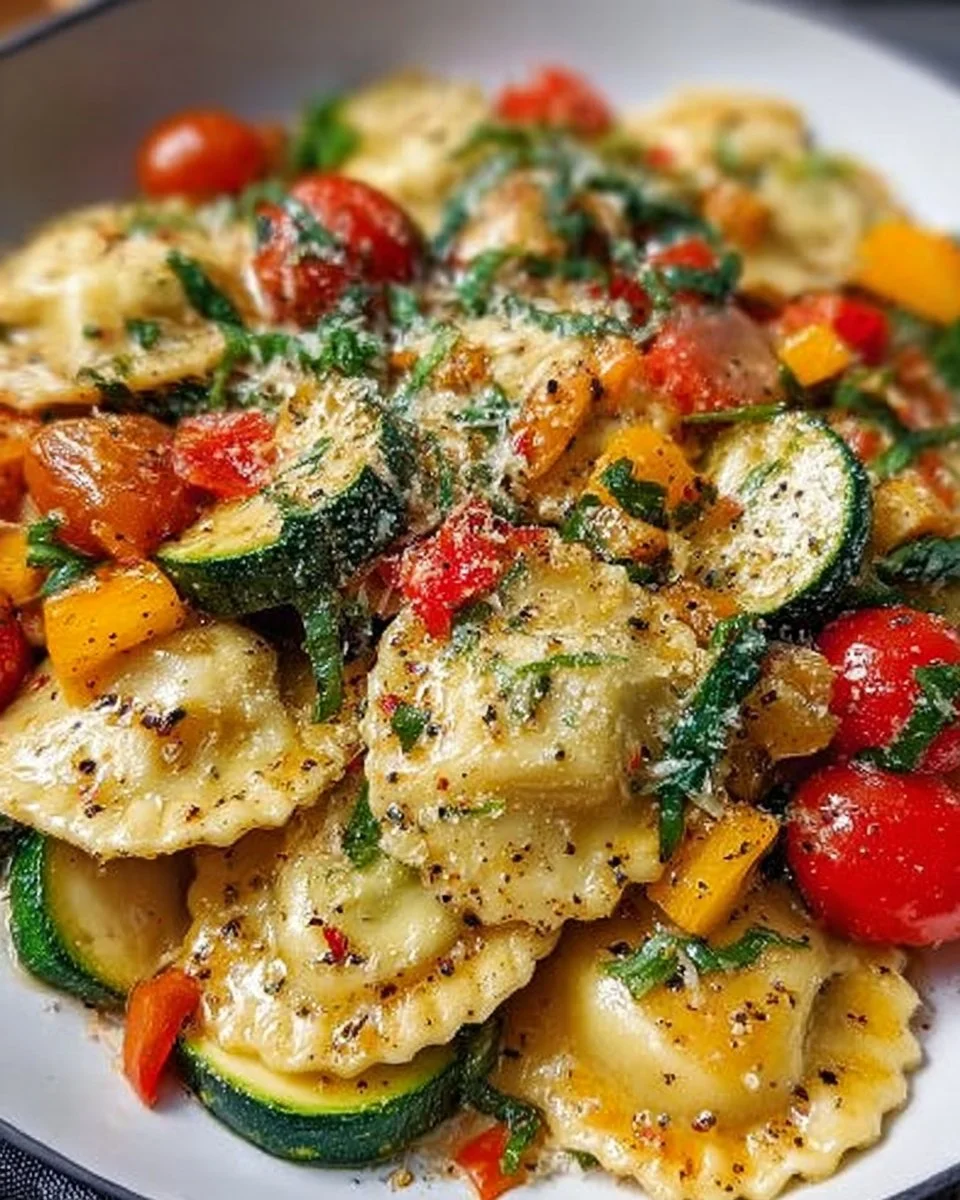 Bunte Ravioli-Gemüse-Pfanne mit frischem Gemüse und perfekten Ravioli.