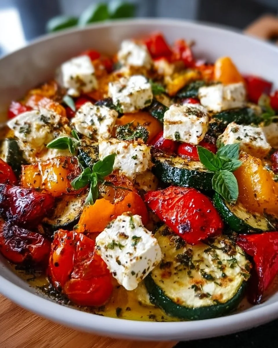 Buntes Ofengemüse mit Feta auf einem Blech, garniert mit frischen Kräutern.
