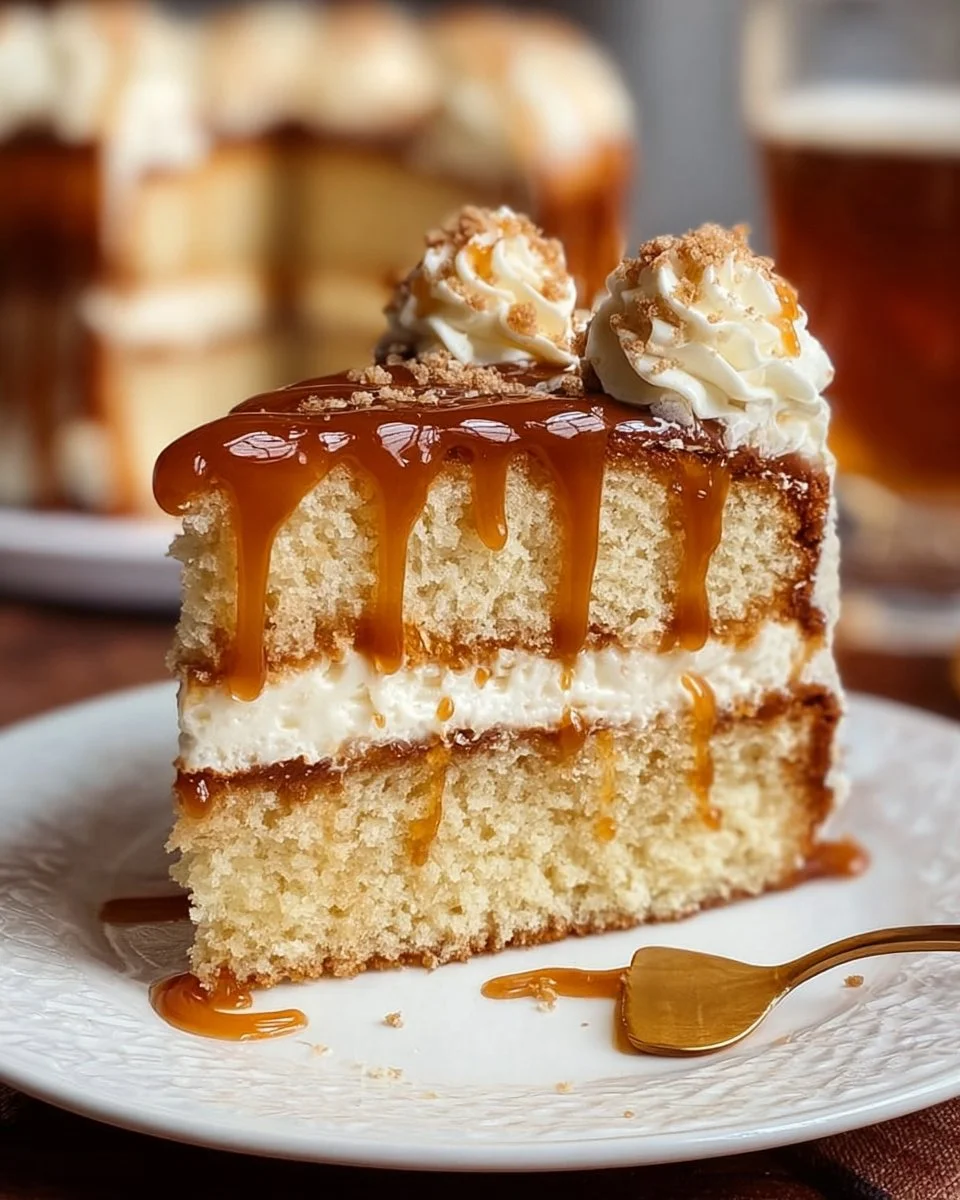 Butterbier-Sahnetorte mit sahniger Creme und köstlichem Karamellbelag