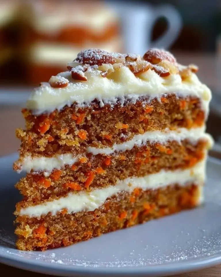 Leckerer Karottenkuchen mit frischen Karotten und Nüssen dekoriert.