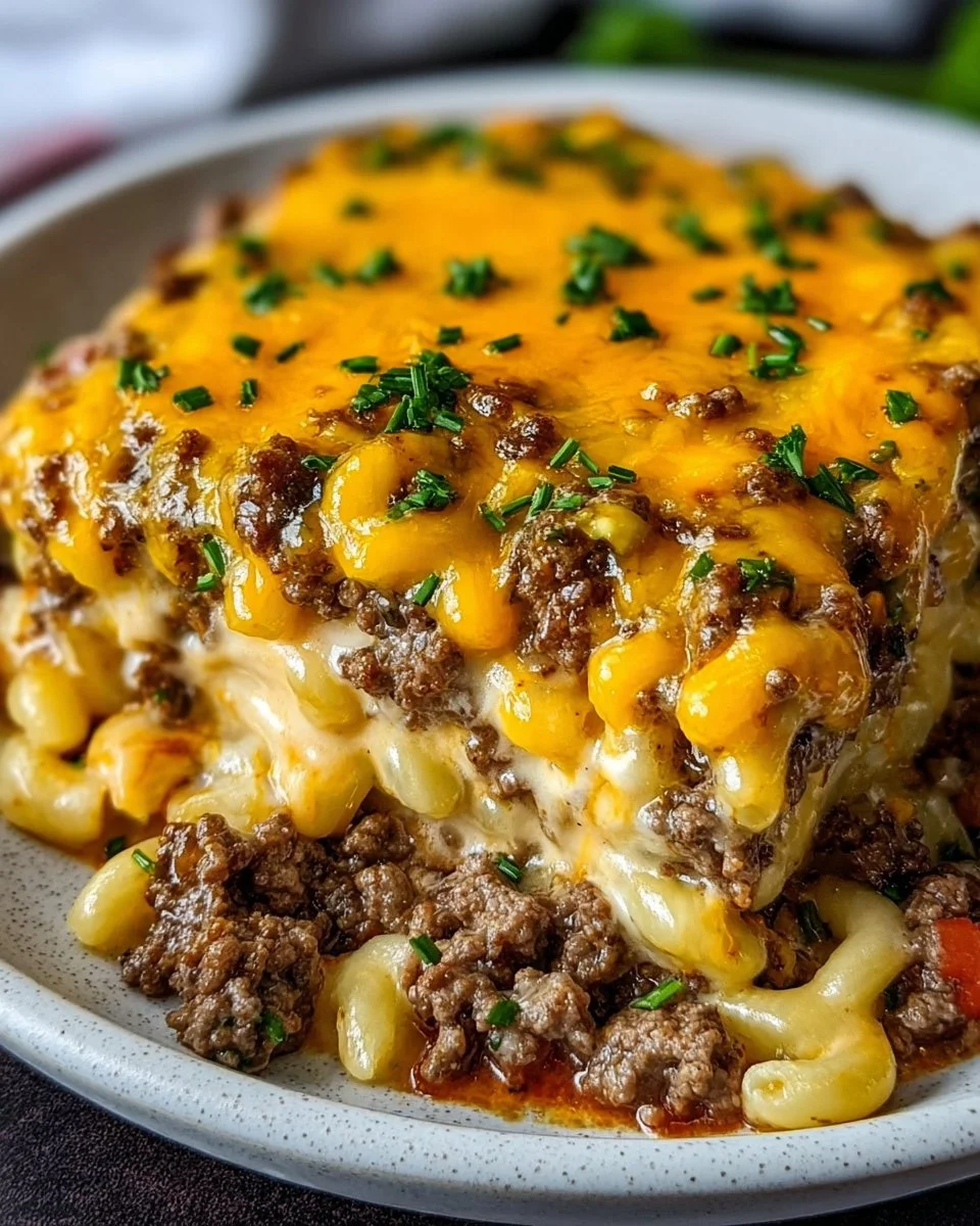 Leckerer Cheeseburger-Auflauf mit Käse und Hackfleisch, ideal für Familienessen