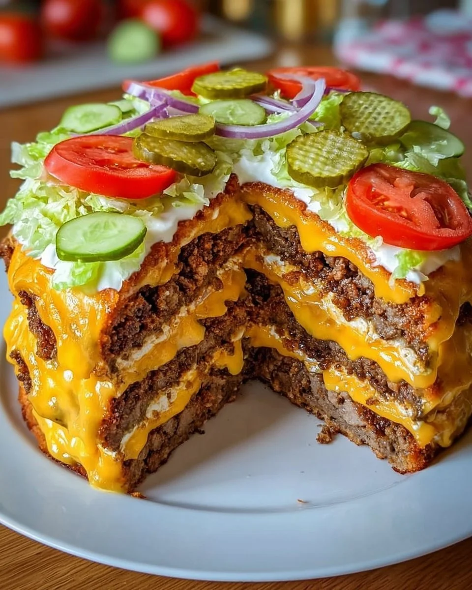 Cheeseburger-Torte mit Käse, Rindfleisch und frischem Gemüse, serviert auf einem Teller.