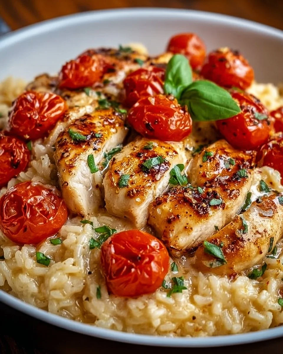 Cremige Hähnchen-Reis-Pfanne mit frischem Gemüse und Gewürzen.