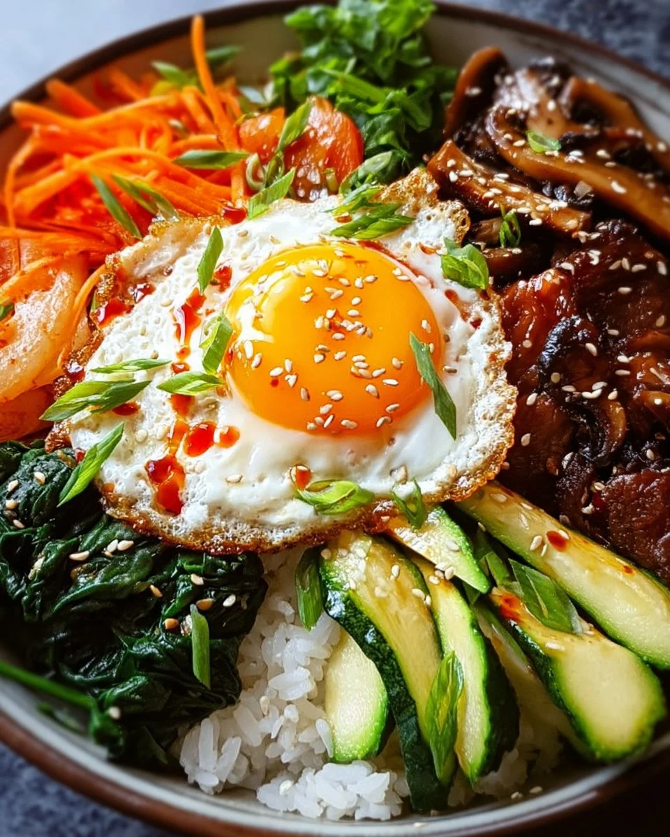 Ein köstlicher Teller mit Bibimbap, traditionell zubereitet mit Gemüse und Reis.
