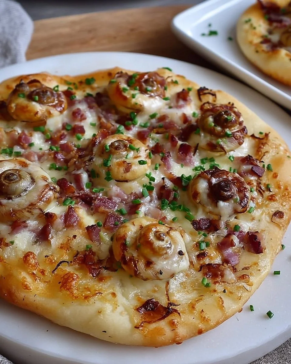 Köstliche Flammkuchen Schnecken frisch aus dem Ofen, appetitlich angerichtet.