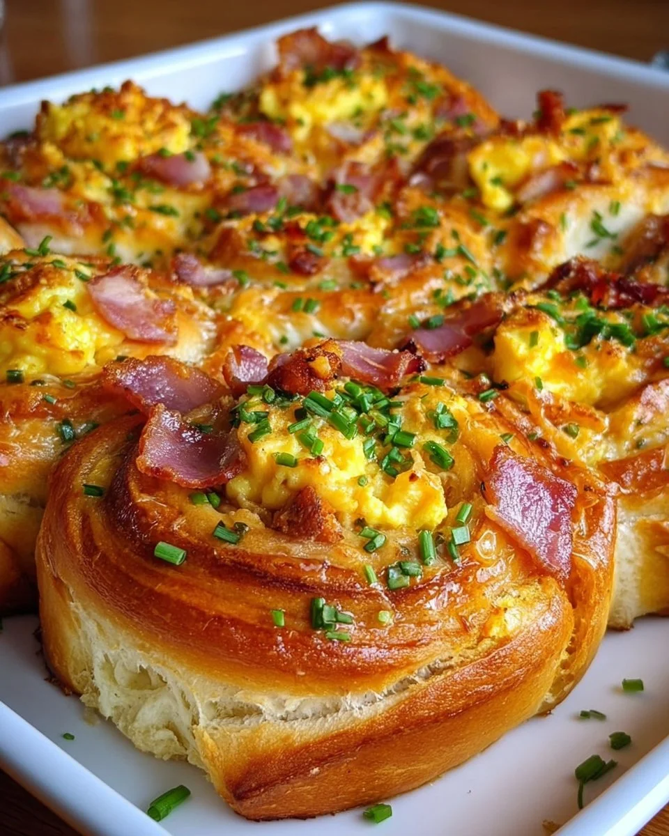 Frühstücksrollen mit Rührei, Käse und Speck auf einem Teller serviert