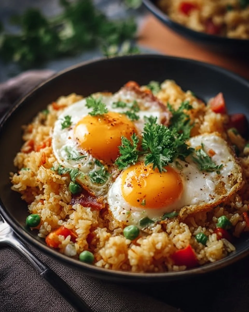 Gebratener Reis mit Ei und frischem Gemüse auf einem Teller serviert.