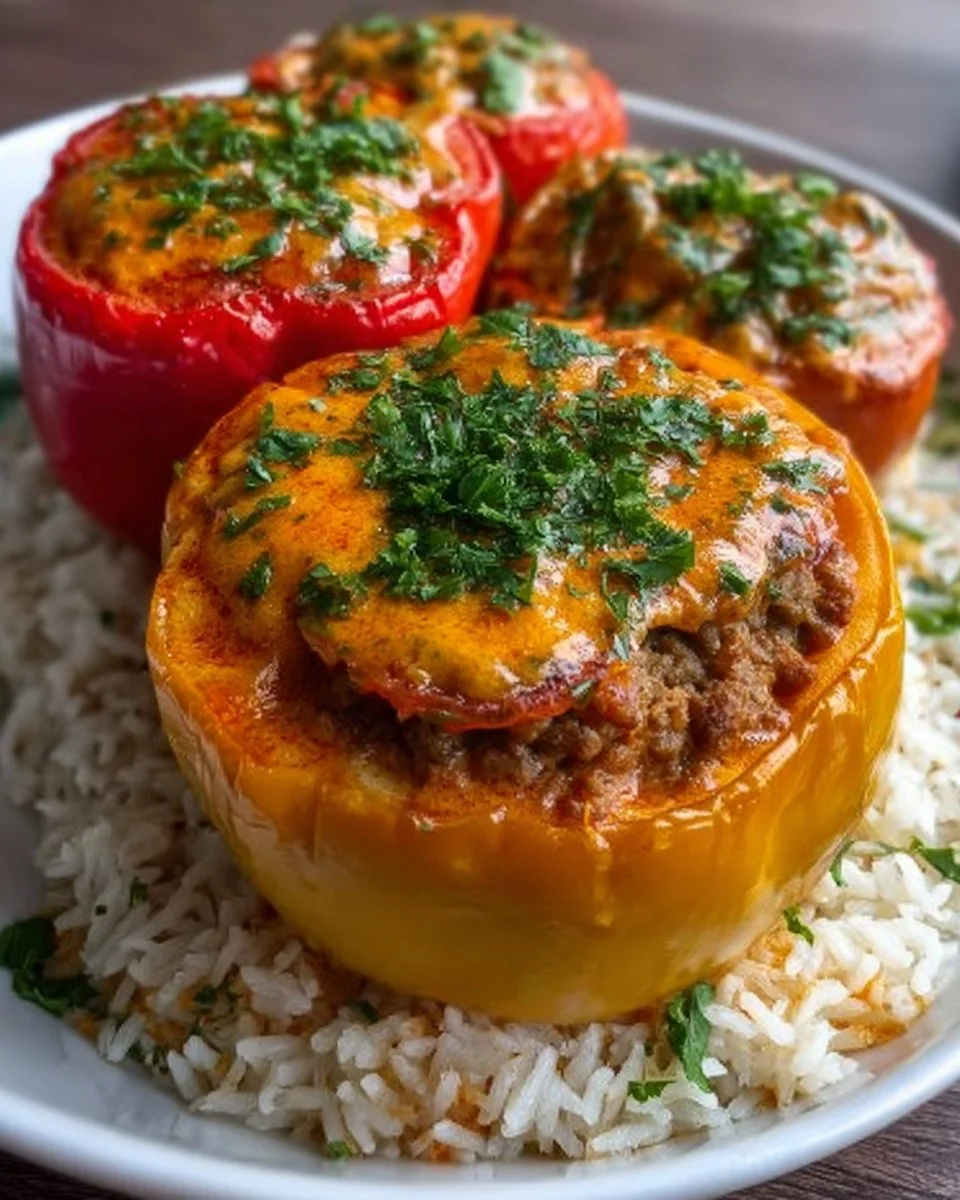 Gefüllte Paprika mit Reis und Hackfleisch auf einem Teller angerichtet