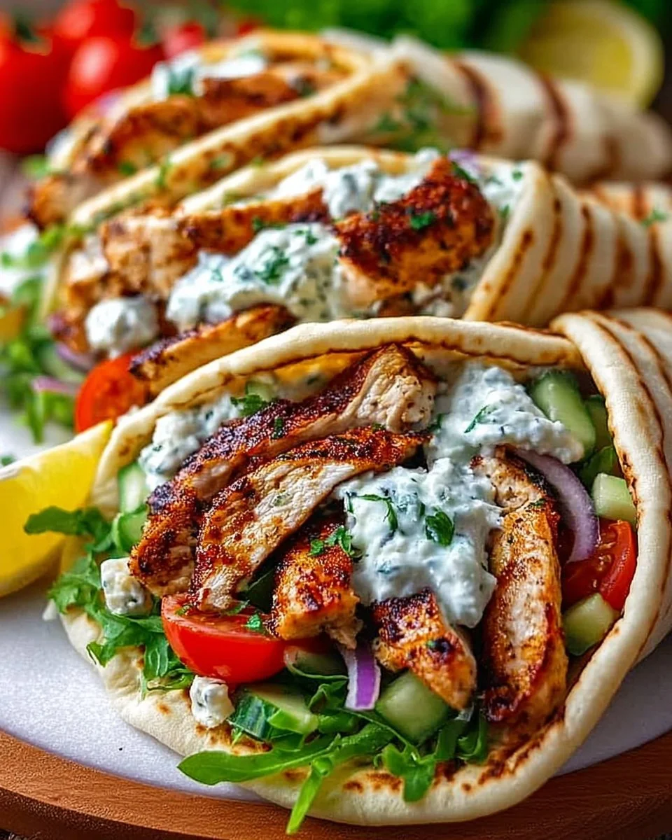 Hähnchen-Gyros mit Feta-Tzatziki auf einem Teller serviert