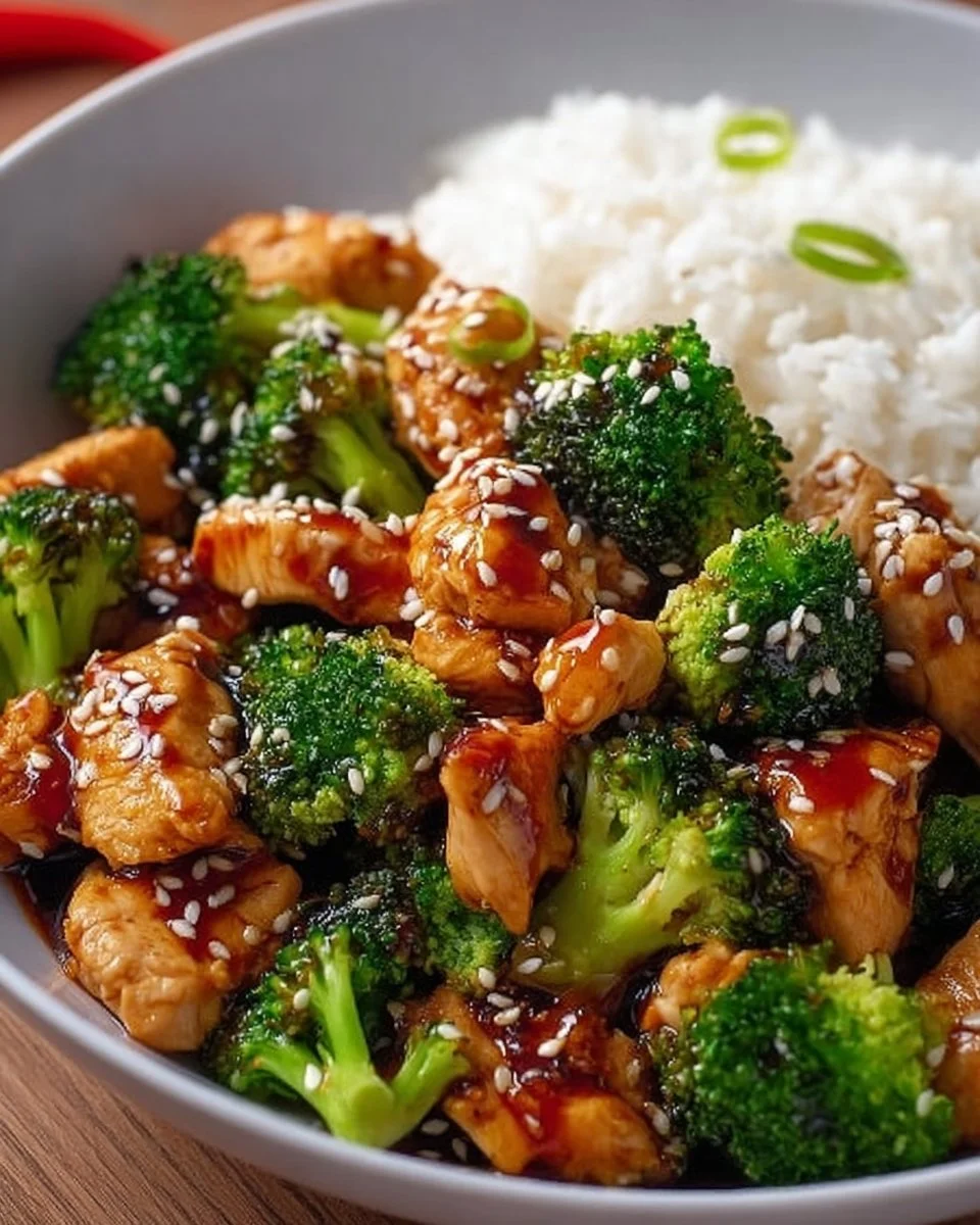Gesundes Chicken Teriyaki mit Brokkoli und Reis auf einem Teller serviert