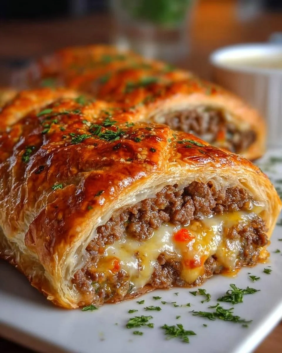 Herzhafte Hackfleisch-Käse-Rolle mit Blätterteig auf einem Teller serviert.