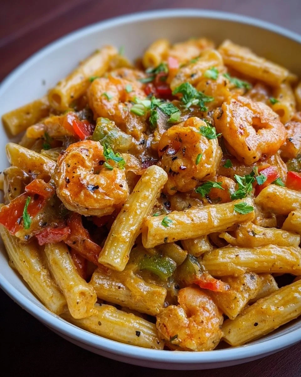 Jamaikanische Garnelen Rasta Pasta mit Gemüse und Gewürzen