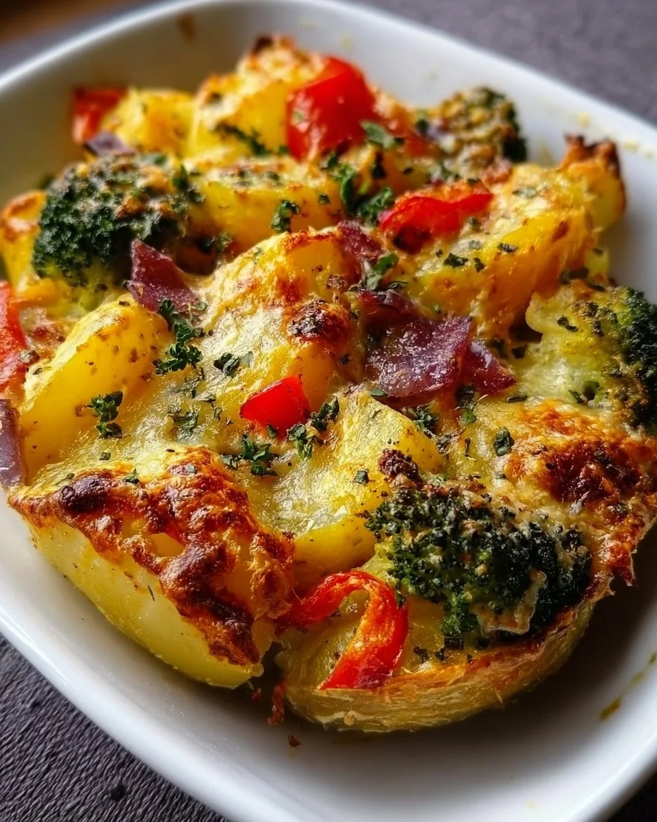 Leckere Portion Kartoffel-Gemüseauflauf frisch aus dem Ofen