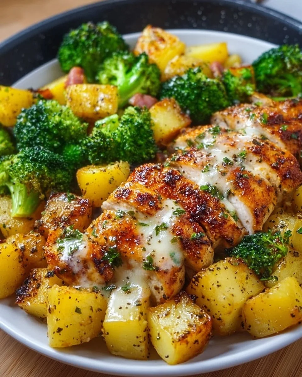 Leckere Kartoffel-Hähnchen-Pfanne mit Brokkoli auf einem Teller serviert.