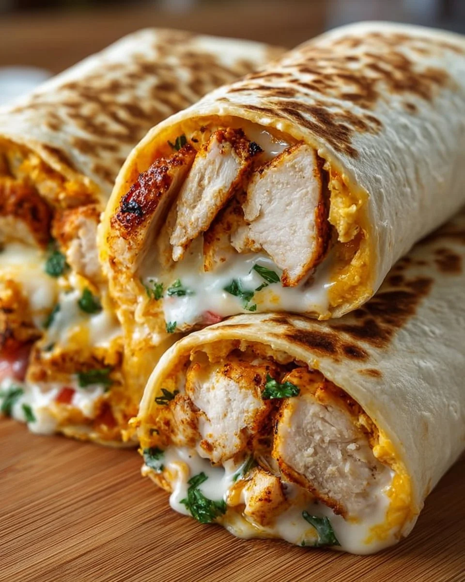 Käsige Knoblauch Hähnchen Wraps auf einem Teller serviert