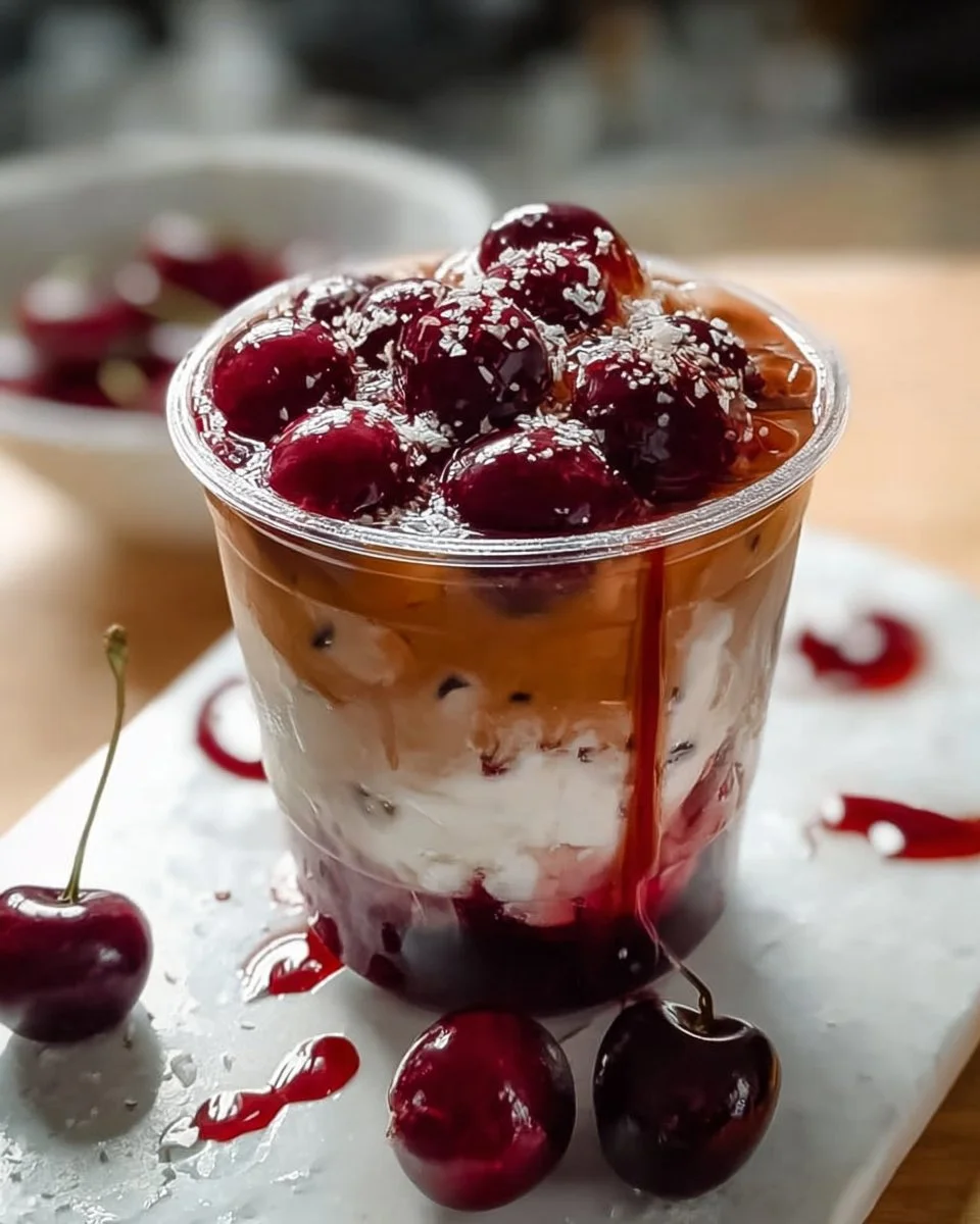 Vegane Kirsche Vanille Eiskaffee in einem Glas für heiße Tage