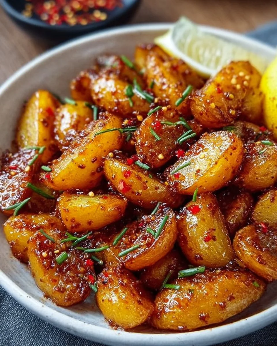 Knusprige Honig-Chili-Kartoffeln frisch gebacken auf einem Teller.