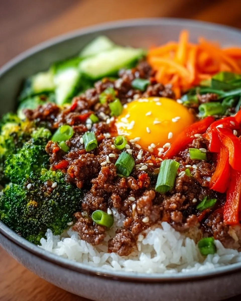 Koreanische Rinderhack-Bowl mit frischem Gemüse und Reis