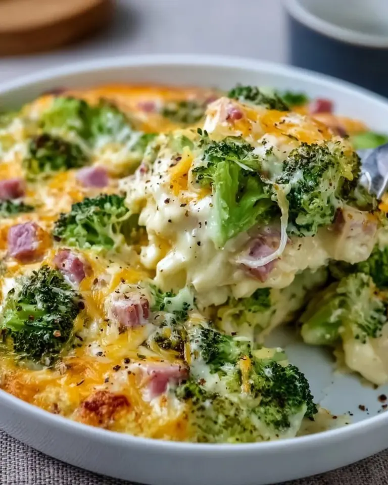 Low Carb Brokkoli-Schinken-Auflauf mit Käse auf einem Teller serviert.
