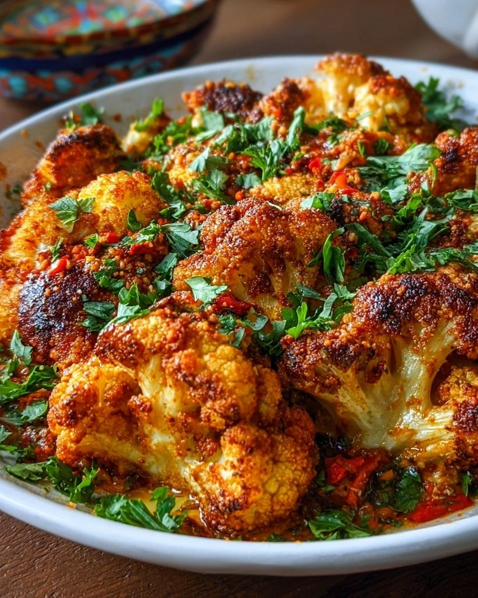 Würziger marokkanischer Blumenkohl aus dem Backofen auf einem Teller angerichtet.
