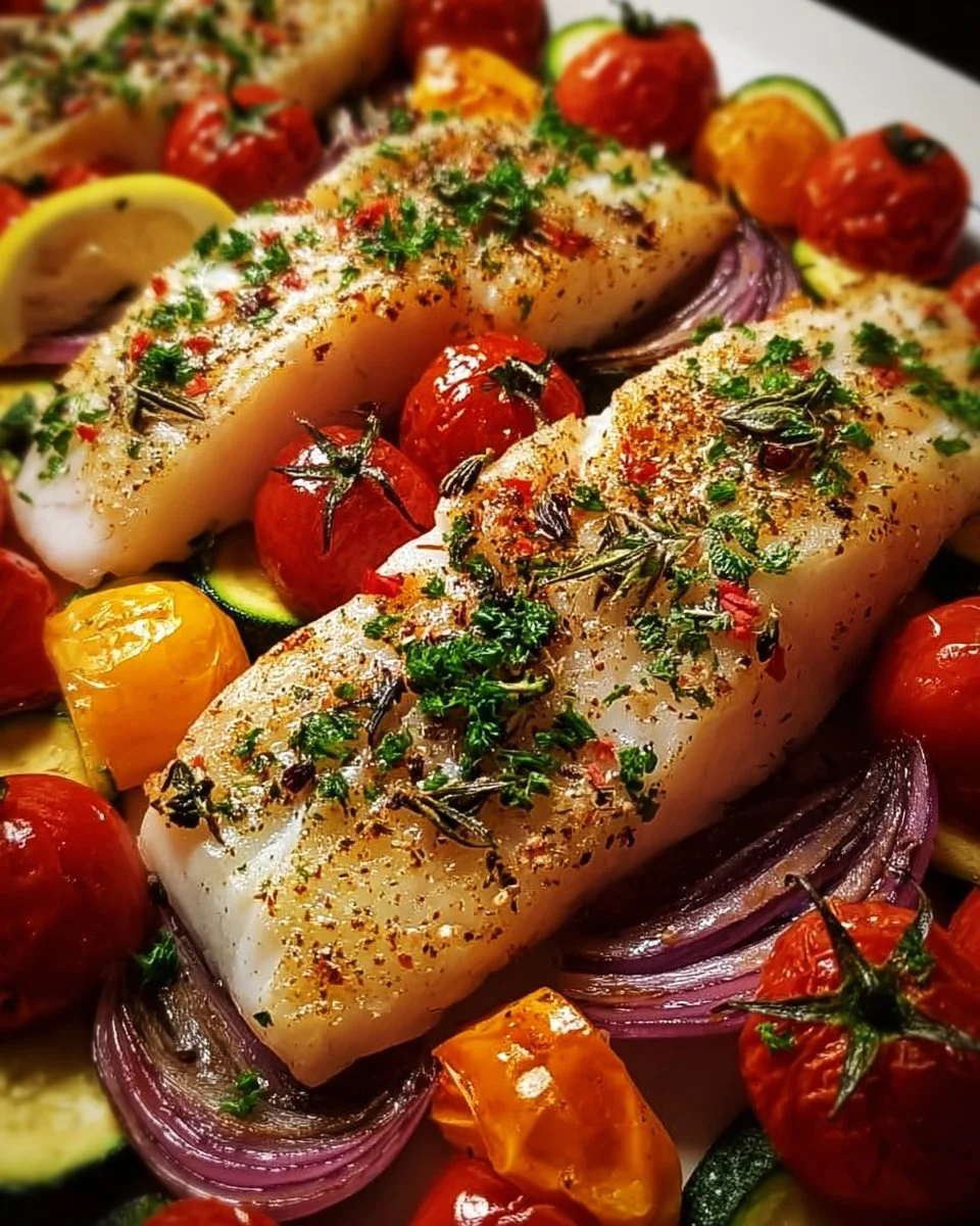 Mediterrane gebackene Fischfilets mit buntem Gemüse auf einem Teller