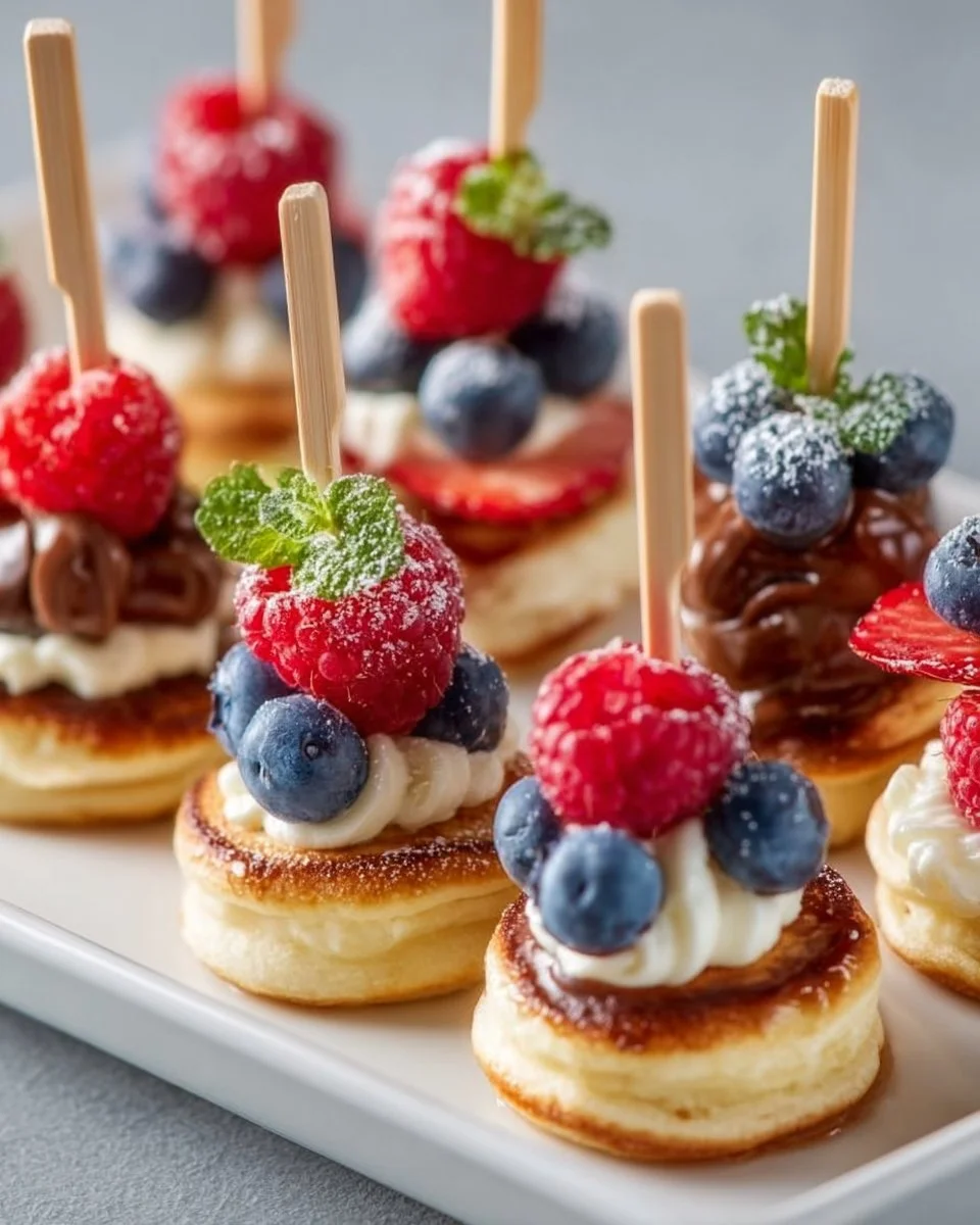 Mini Pancake Spieße auf einem Teller, eine leckere Fingerfood-Idee.