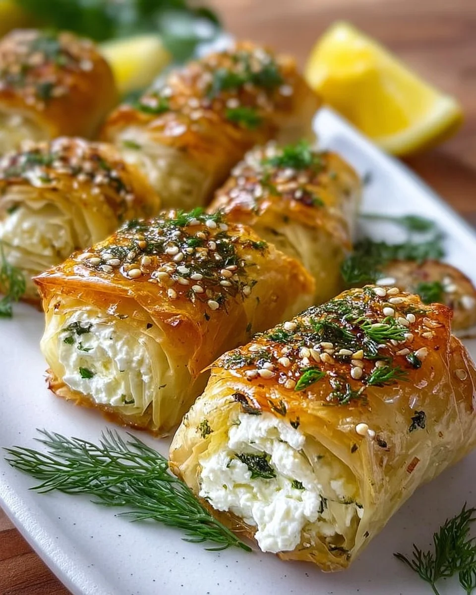 Ofen-gebackene Feta-Röllchen auf einem Teller serviert.
