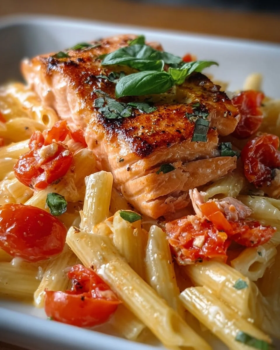 Ofen-Lachs-Pasta mit Tomaten, ein leckeres und gesundes Rezept