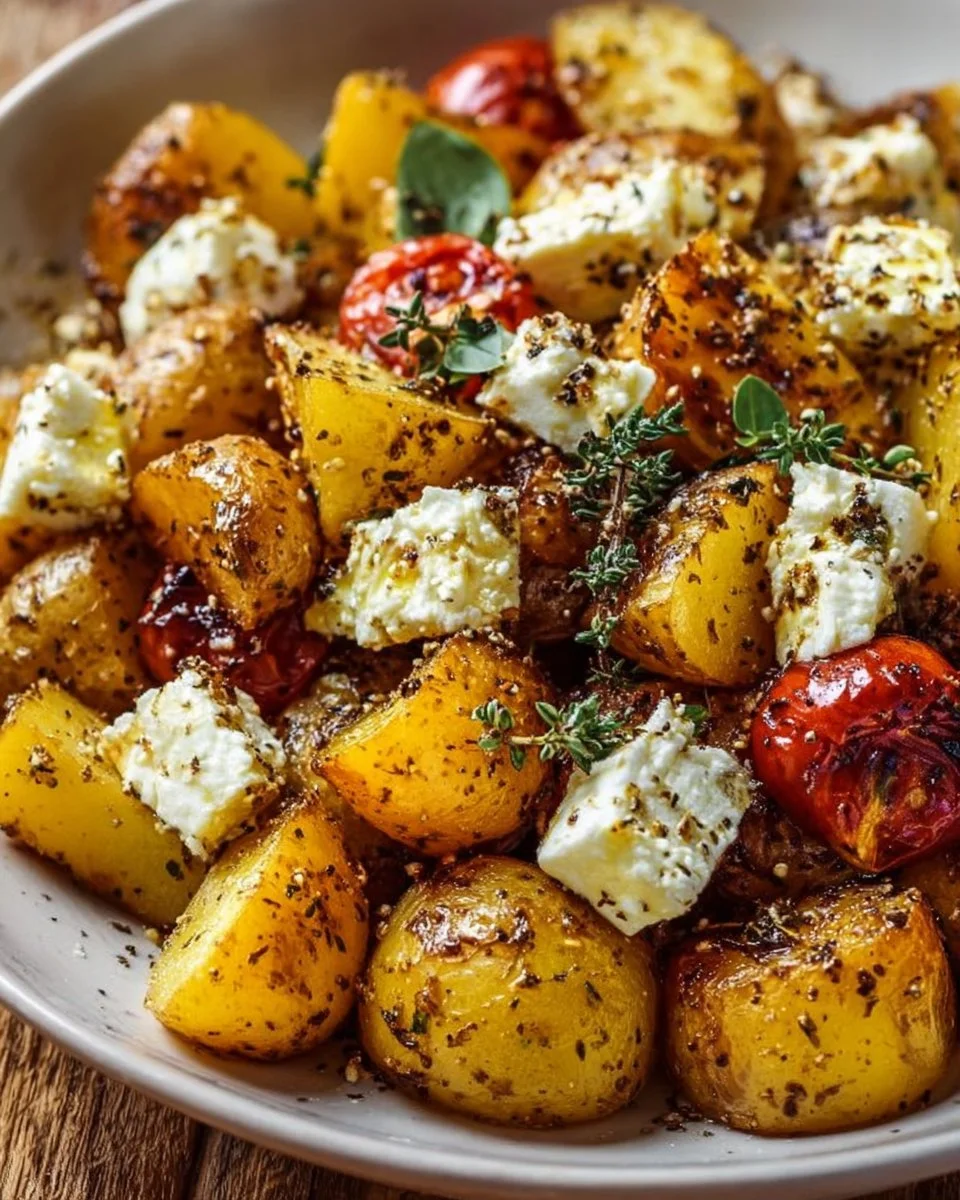 Ofenkartoffeln mit Feta auf einem Teller angerichtet