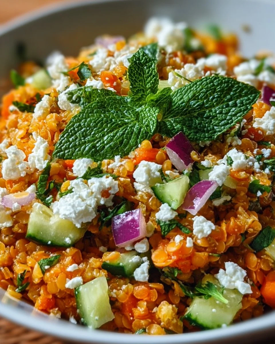 Orientalischer Rote Linsensalat mit Feta auf einem Teller serviert