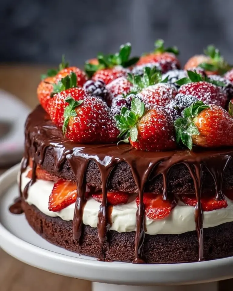 Schoko-Erdbeer-Torte auf einem Teller mit frischen Erdbeeren und Schokoladenglasur