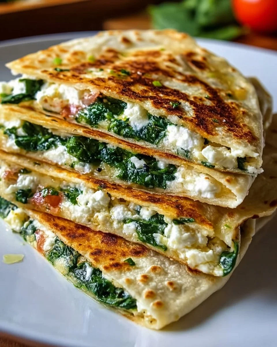 Leckere Spinat-Feta-Quesadillas auf einem Teller serviert