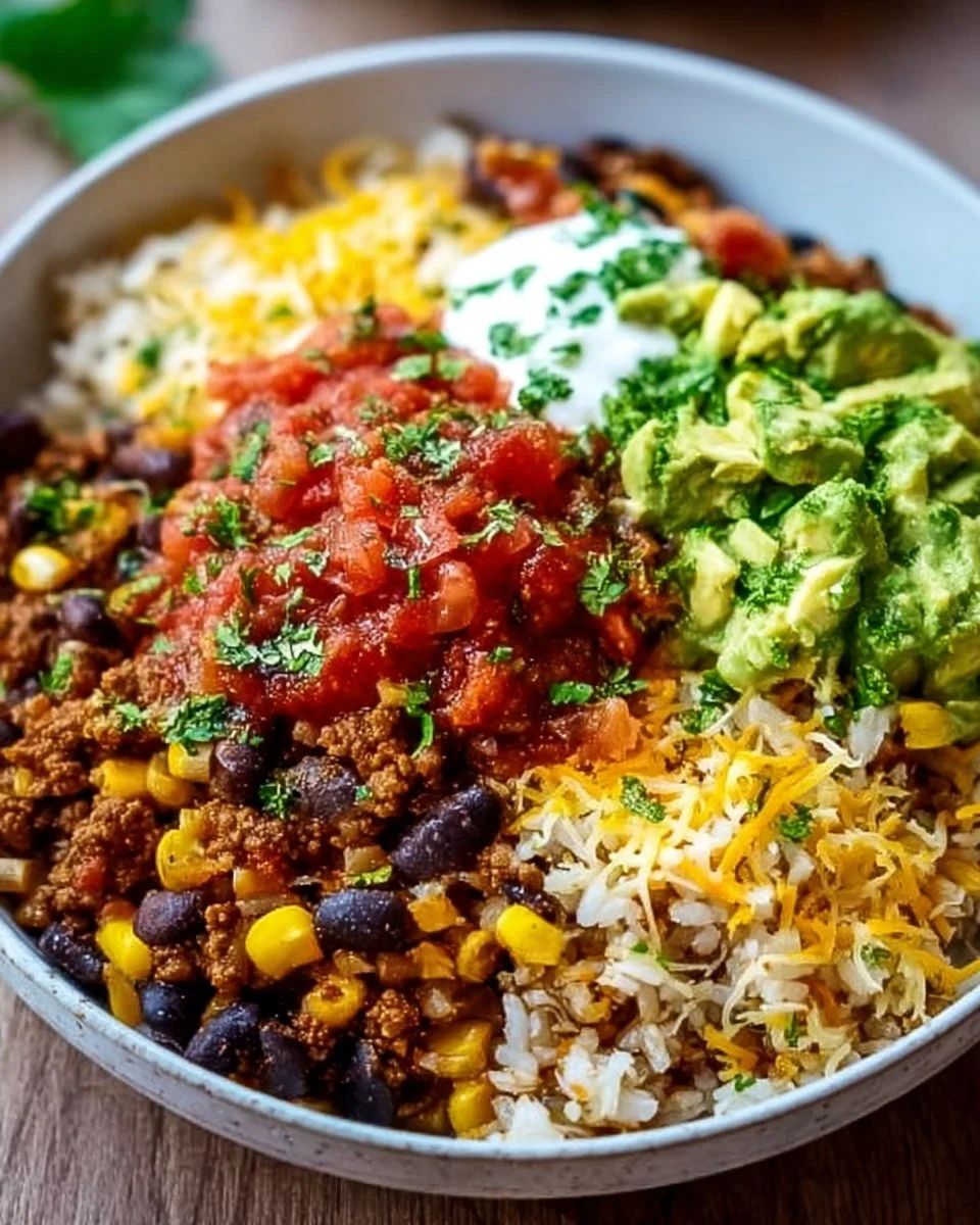 Taco Reis Schüssel mit frischen Zutaten und Gewürzen