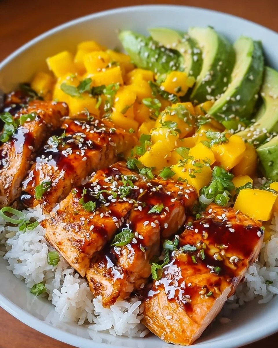 Teriyaki Lachs Reisschüssel mit Mango auf einem Teller serviert