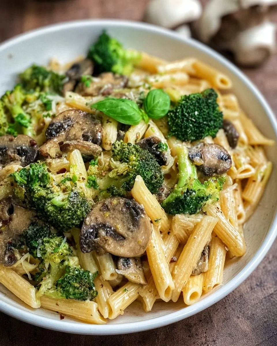Vegane Pilz-Brokkoli-Pasta auf einem Teller, dekoriert mit frischen Kräutern