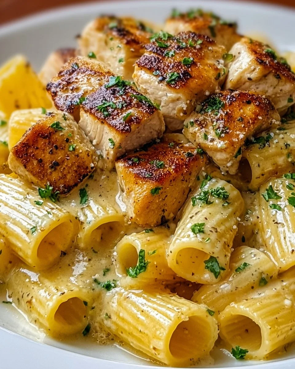 Zartes Hähnchen Rigatoni in Knoblauchbutter auf einem weißen Teller
