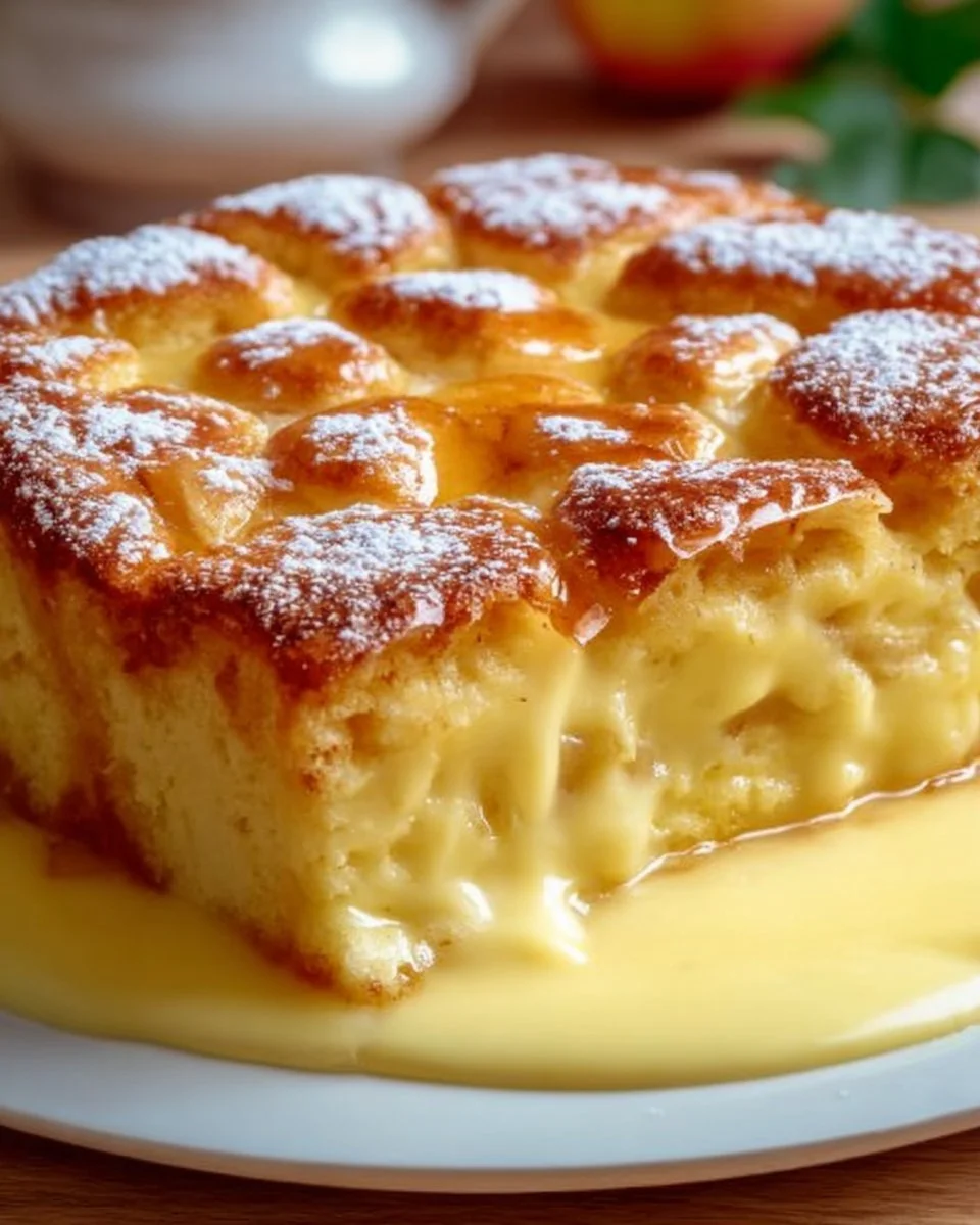 Apfelkuchen mit Vanillepudding auf einem Teller serviert.