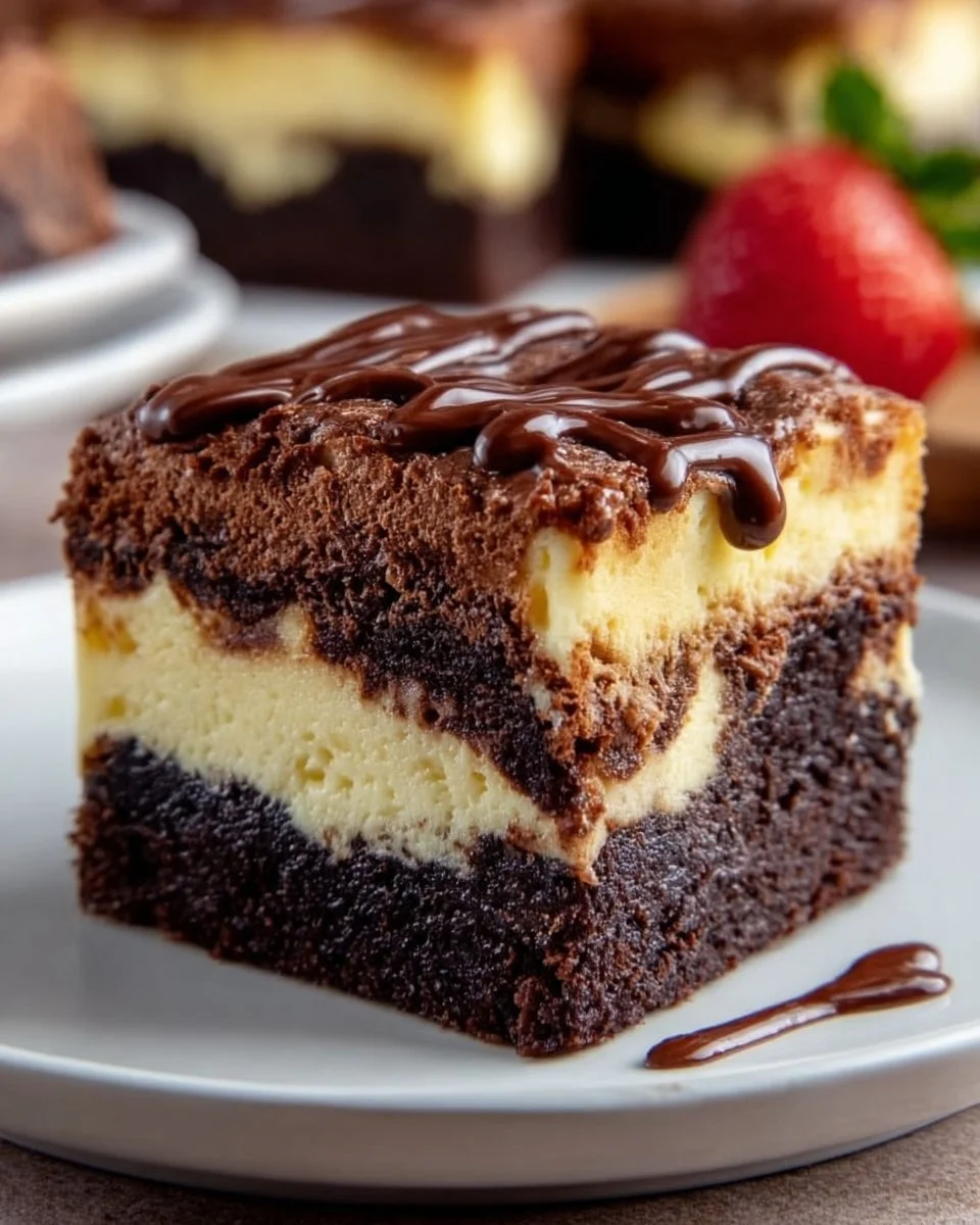 Cremiger und feuchter Brownie-Cheesecake auf einem Teller