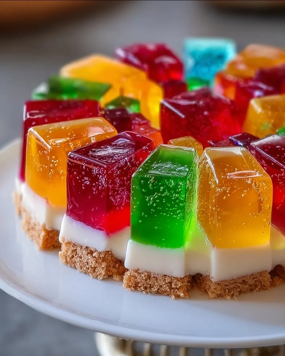 Bunter Wackelpudding Kuchen auf einem Tisch, ideal für Feiern und festliche Anlässe.