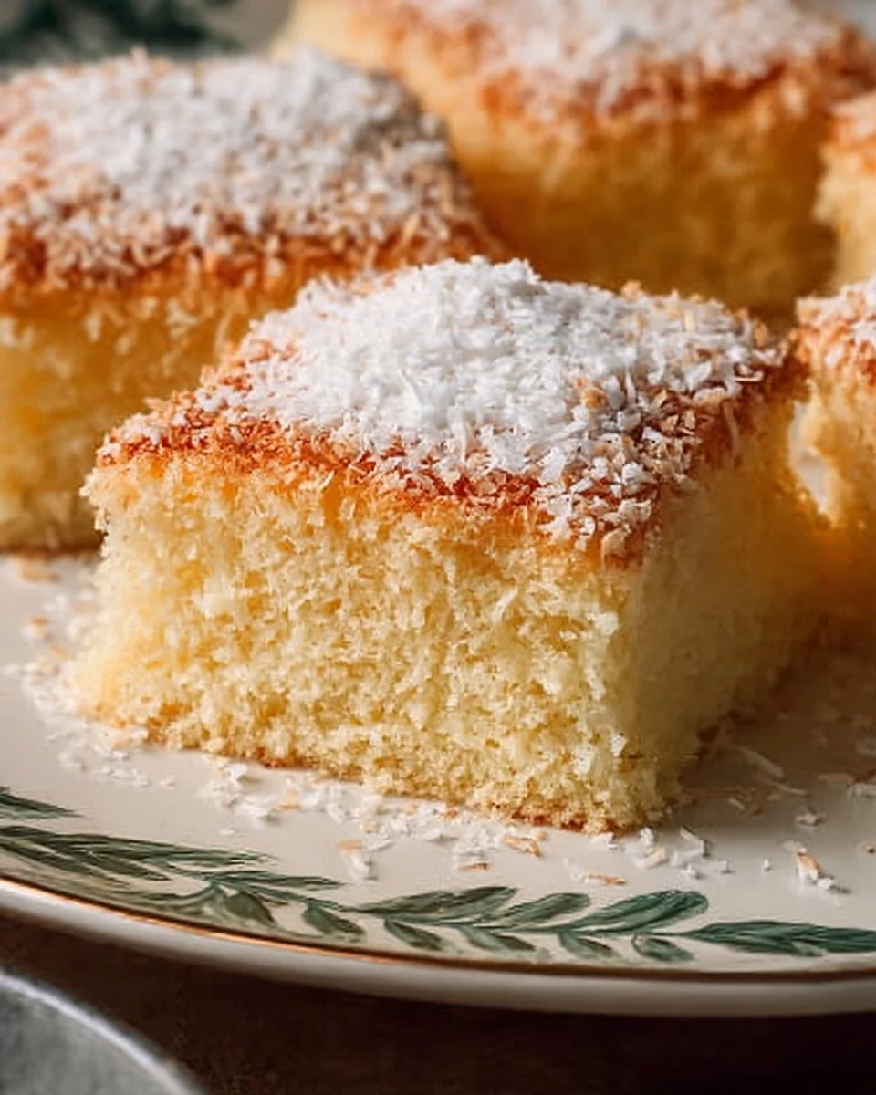 Buttermilchkuchen mit Kokos auf einem Teller, dekoriert mit Kokosraspeln.
