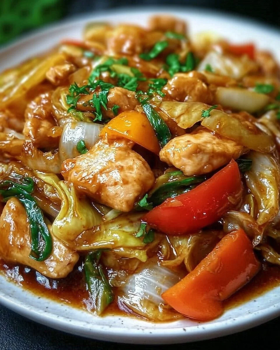 Chinesische Hähnchenpfanne mit Spitzkohl und Zwiebel serviert auf einem Teller