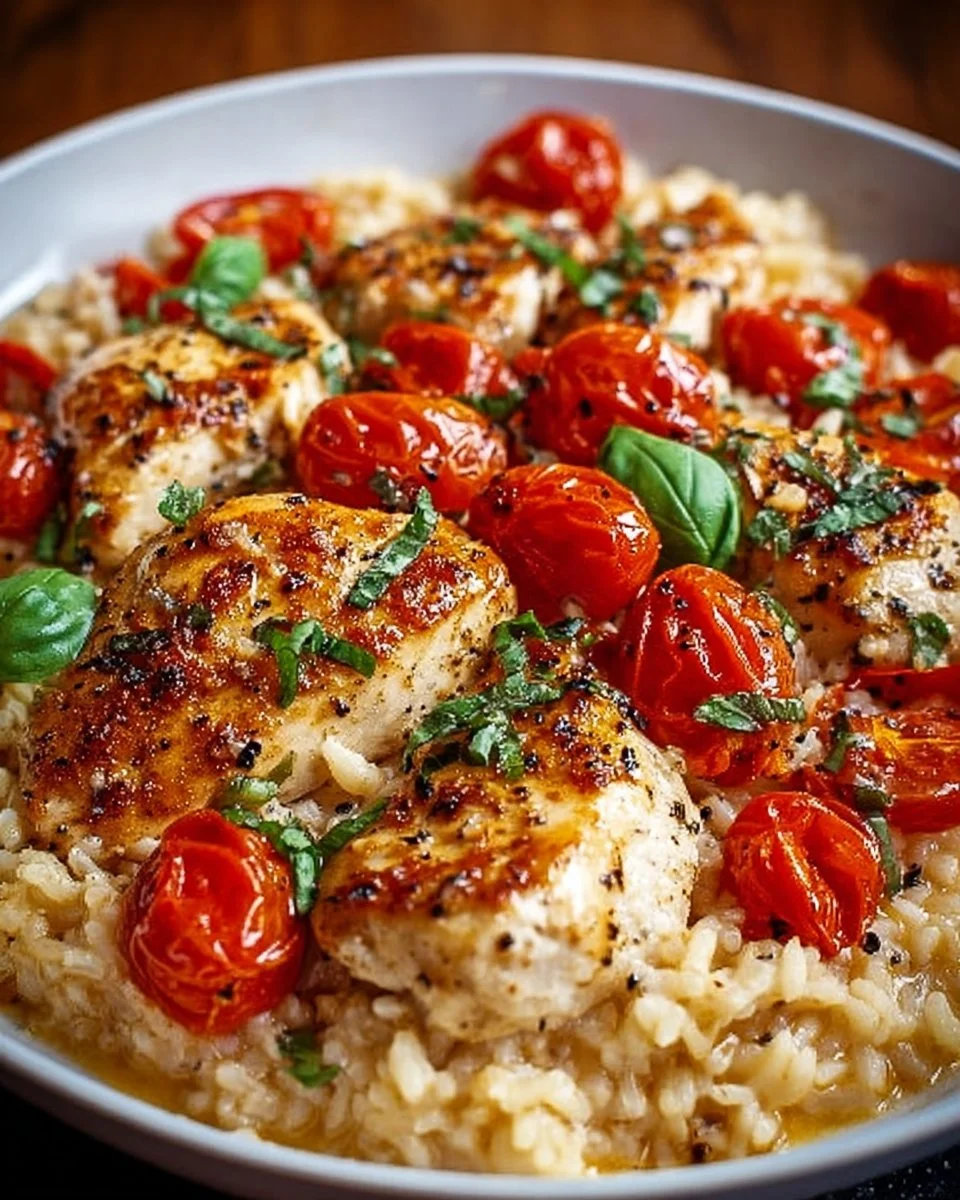 Cremige Hähnchen-Reis-Pfanne mit Gemüse auf einem Teller angerichtet