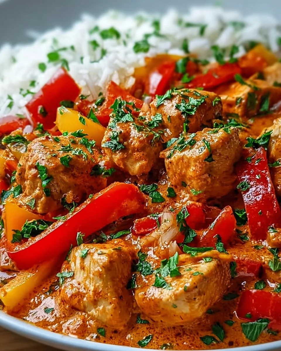 Cremiges Paprika Sahne Hähnchen mit Reis auf dem Teller serviert.