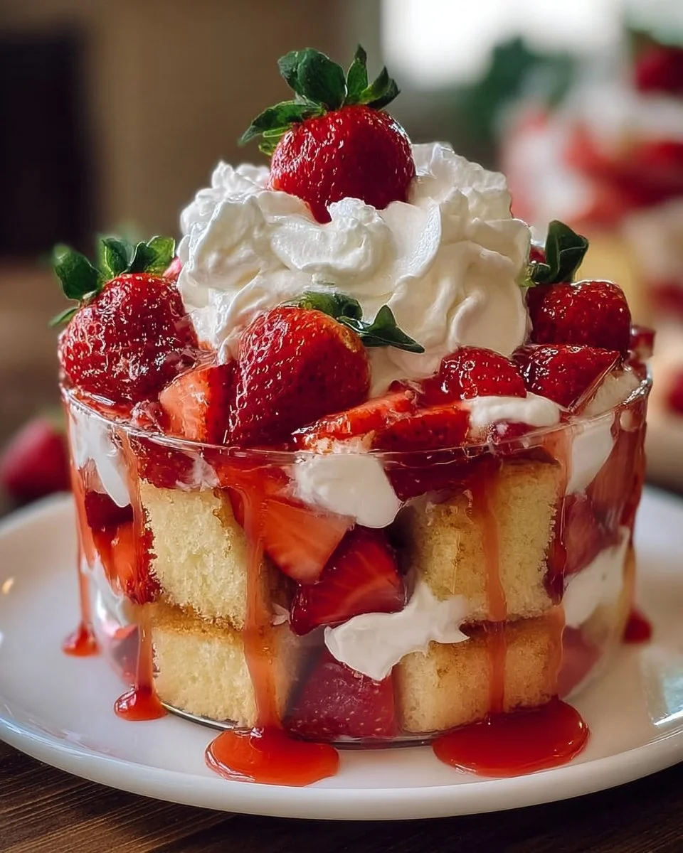 Erdbeerkuchen-Trifle mit frischen Erdbeeren und Sahne in einem Glas serviert.