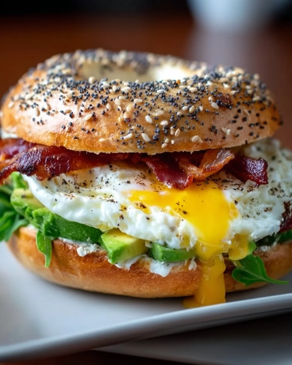 Delikates Frühstücks-Sandwich auf einem Everything Bagel mit frischen Zutaten
