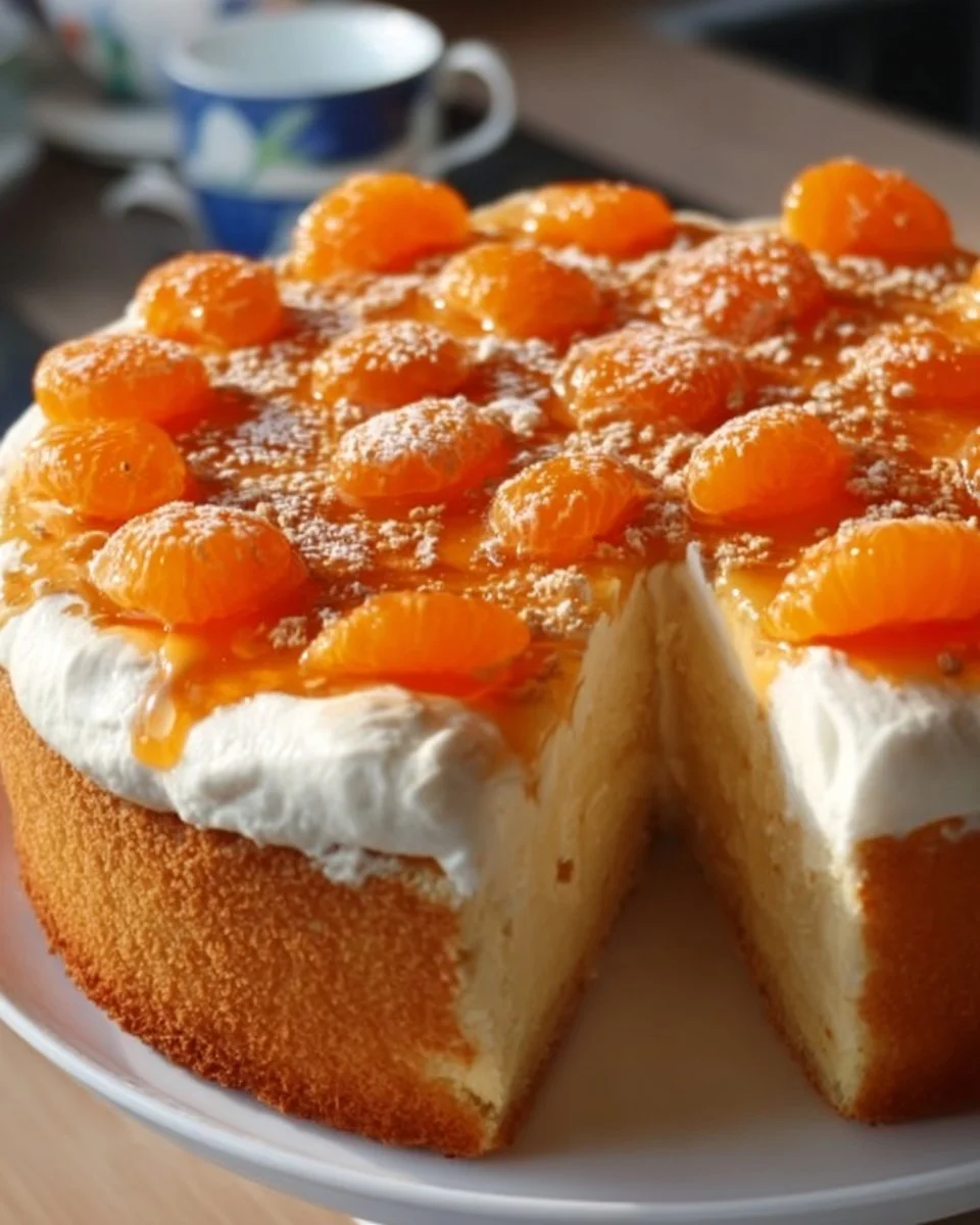Fantakuchen mit Paradiescreme und Mandarinen auf einem Teller