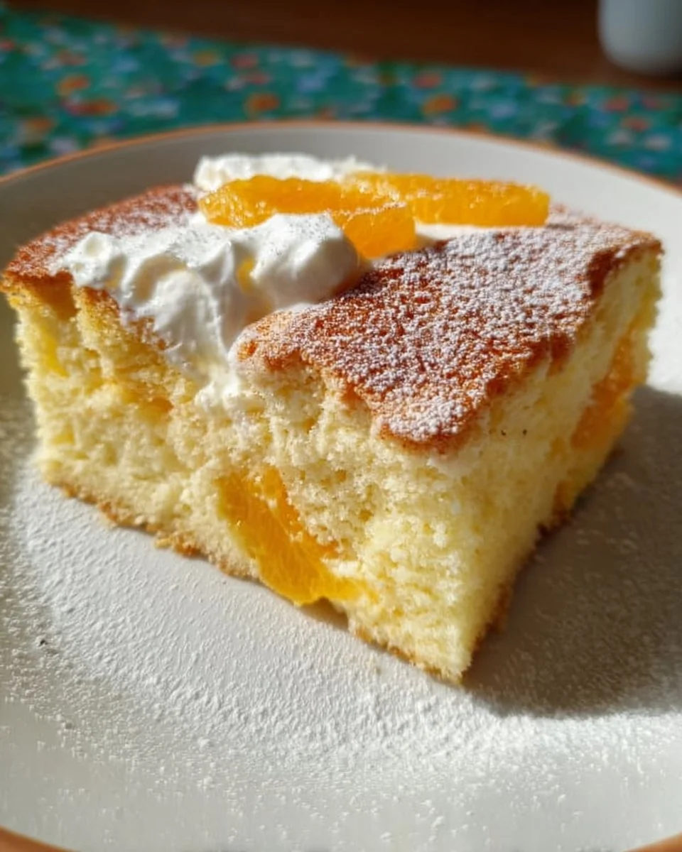 Fantakuchen mit Schmand und Mandarinen auf einem Tisch serviert