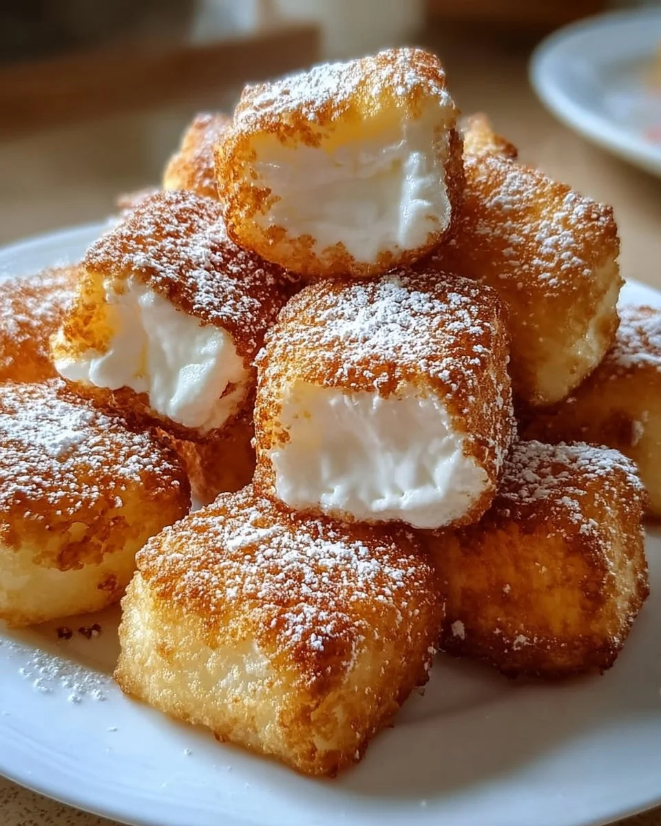 Frittierte Marshmallows auf einem Teller, überzogen mit Schokolade und Zucker