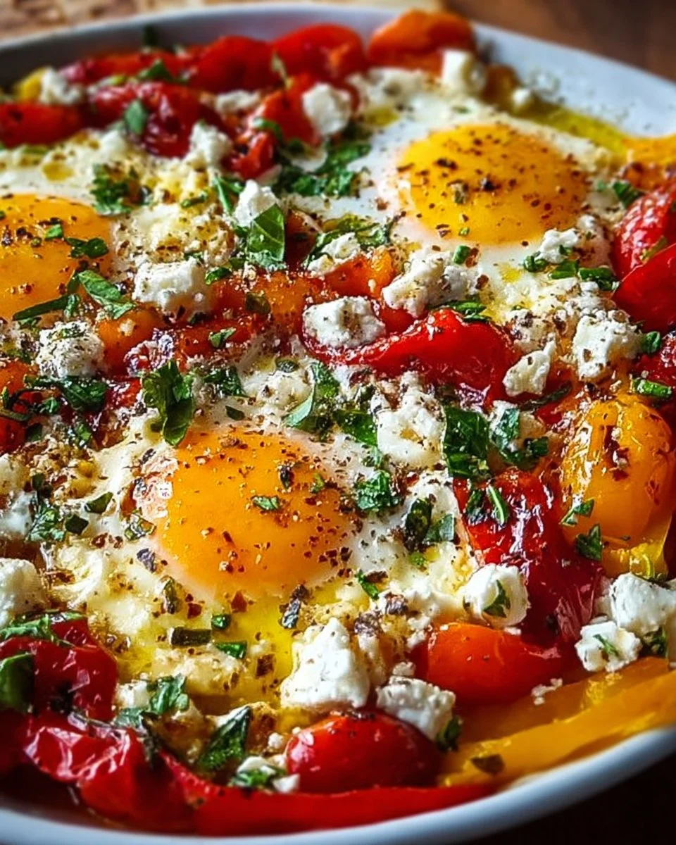 Gebackene Feta-Eier serviert auf einem Teller mit frischen Kräutern.